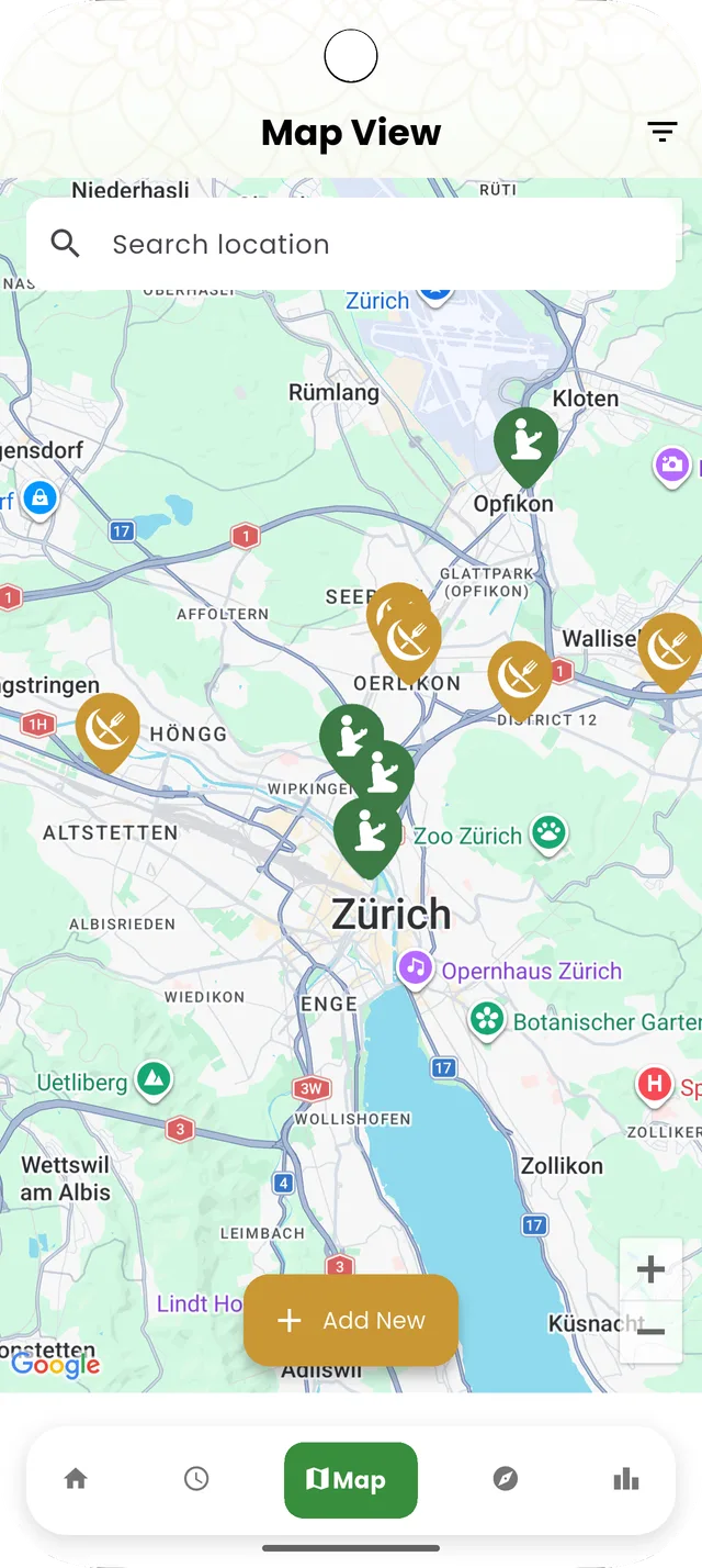 Islam2Go-Karte von Zürich mit Moschee- und Restaurant-Markierungen