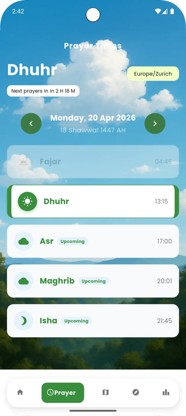 Gebetszeiten in Islam2Go mit Dhuhr als aktuellem Gebet und einem Countdown bis Asr