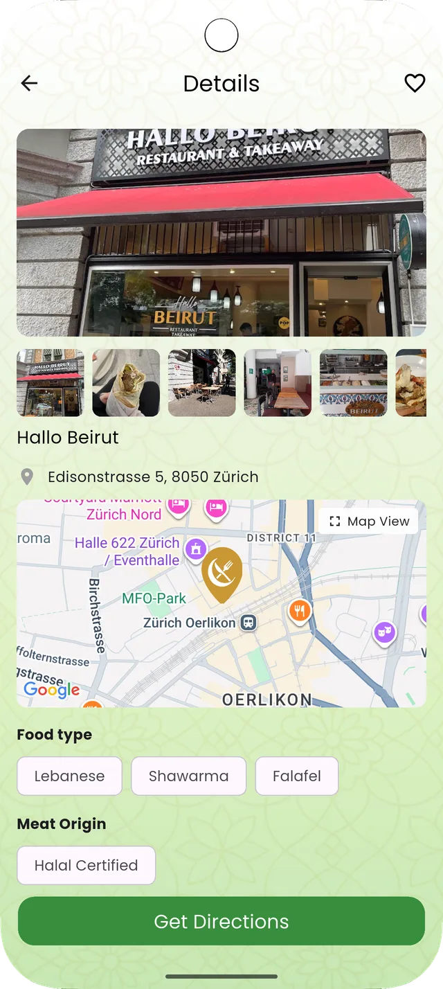 Restaurantdetails von Hallo Beirut in Zürich mit Fotos, Karte, Art der Küche und der Schaltfläche Route anzeigen